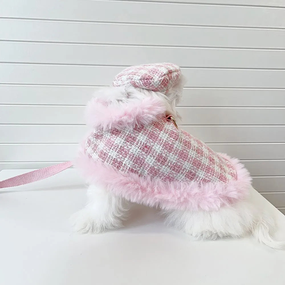Pink cat cape and beret costume with hand-holding rope accessory in five size options