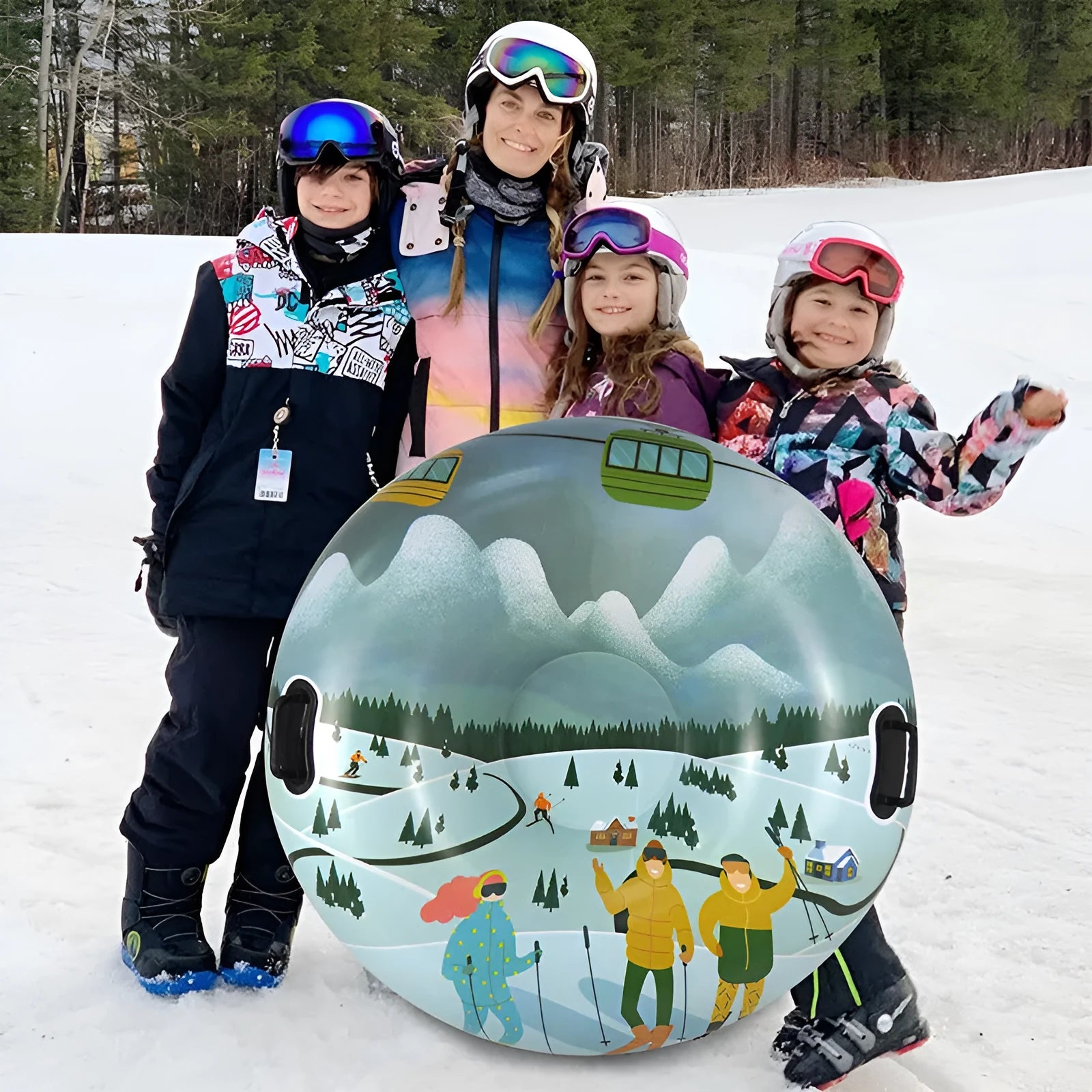 Creative printed PVC winter ski ring toy in flame red, ice-snow blue, or snow mountain colours