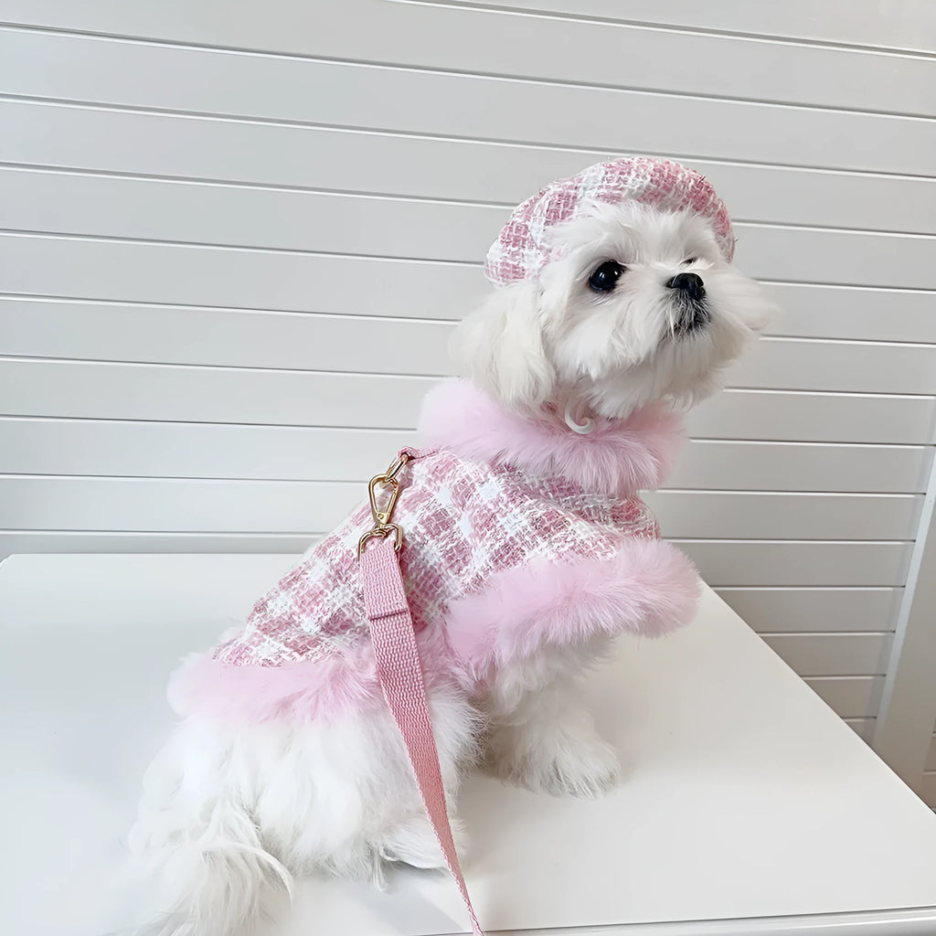 Pink cat cape and beret costume with hand-holding rope accessory in five size options