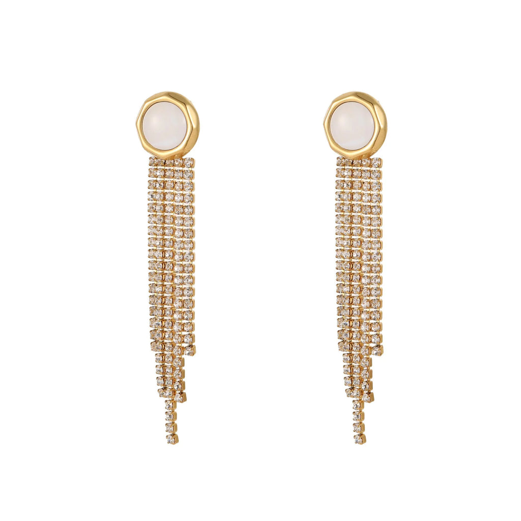 Gold-coloured stainless steel earrings with geometric heart, star, and tassel designs on a white background.