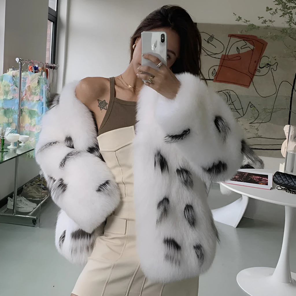 Women's black and white faux fur raccoon coat with Korean slim-fit design and short length