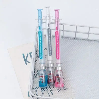 Vaccine design gel pen with black 0.5mm refill and plastic cap, measuring 15.7cm