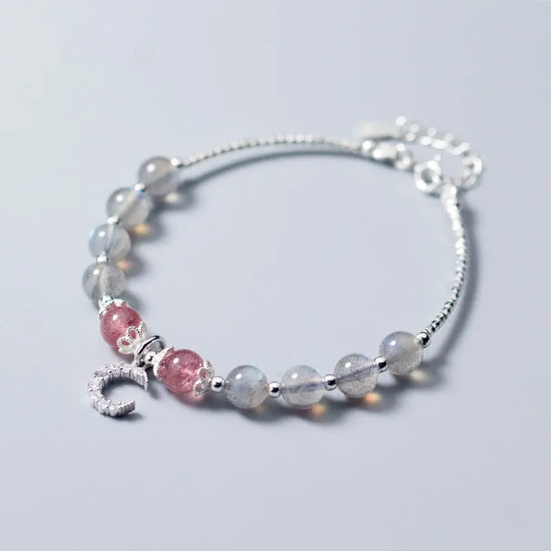 Natural moonstone handmade bracelet with adjustable length and crescent moon detail
