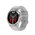 Round black smartwatch with silicone strap on wrist, showing AMOLED always-on display with fitness metrics.
