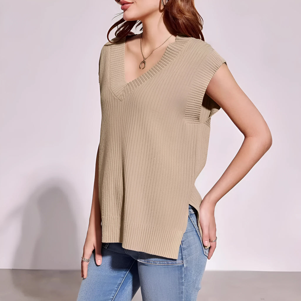 V-neck sleeveless loose pullover vest in striped pattern with camel colour