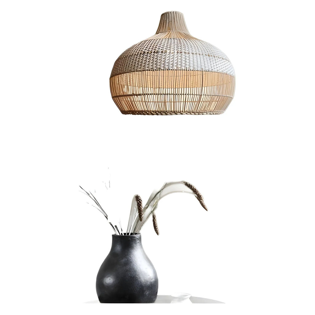 Handwoven rattan ceiling chandelier with pastoral Southeast Asian design, 60cm diameter.