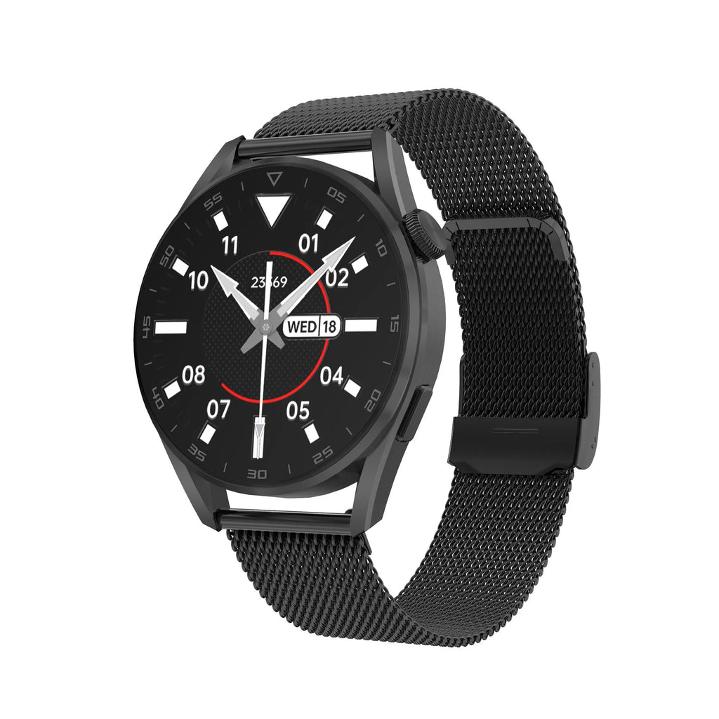 Smart watch with Bluetooth call and scan code functions showing metal wristband and 1.3-inch IPS touchscreen display