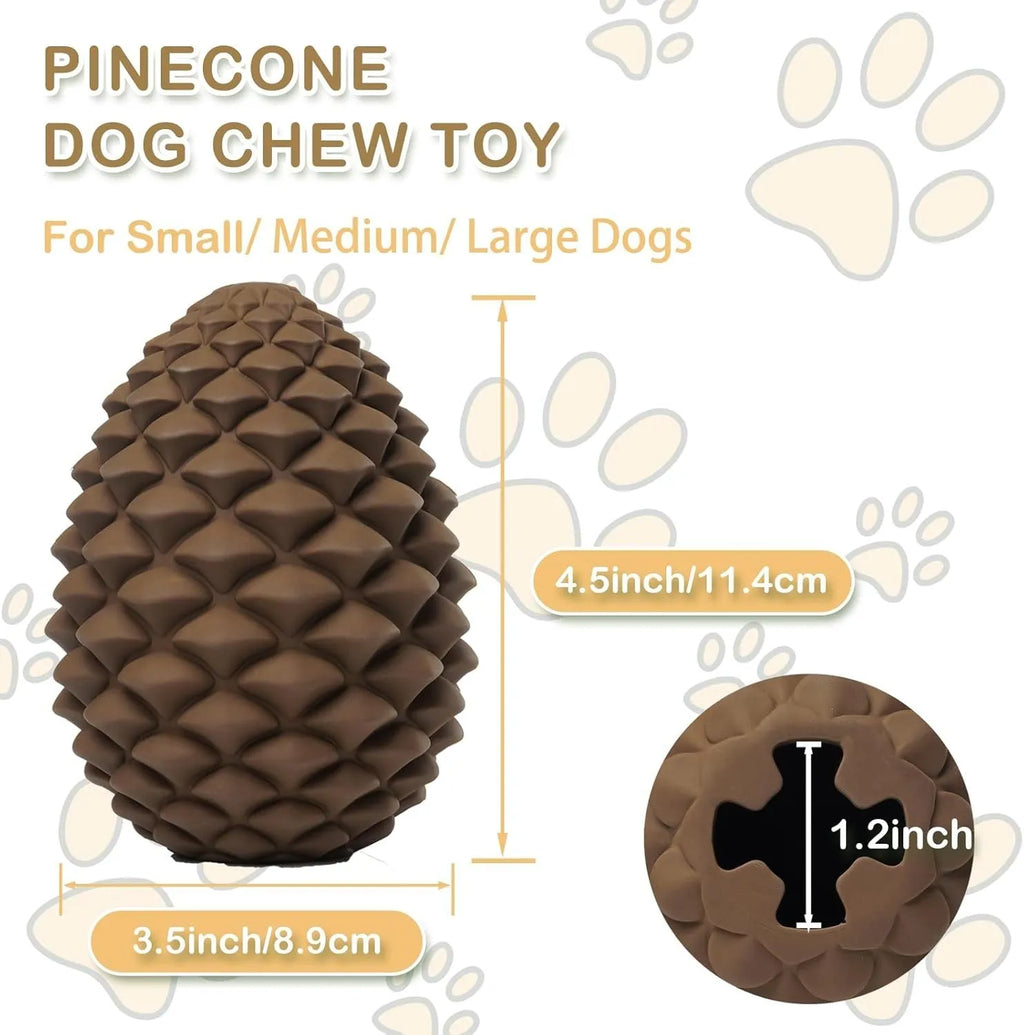 Yellow natural rubber pine cone dog chew toy with treat dispenser hole on a white background.