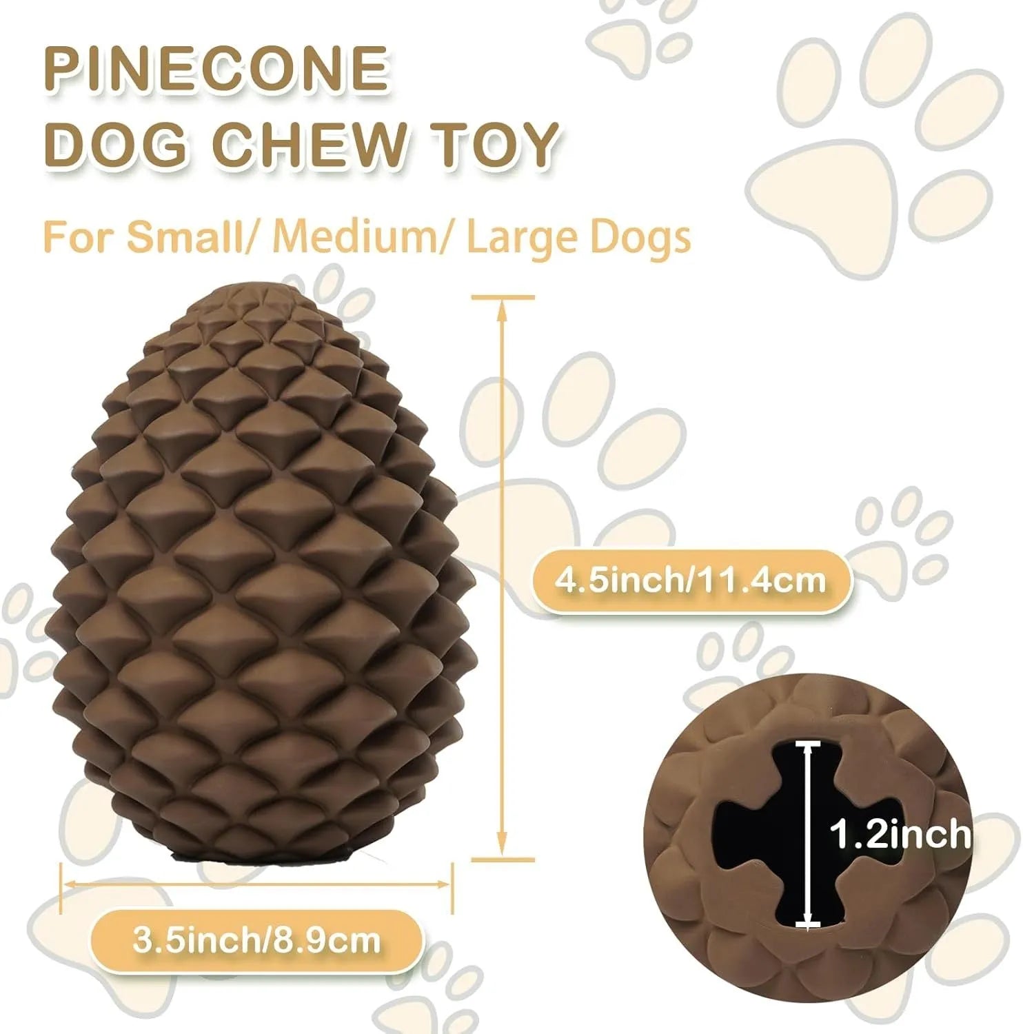 Yellow natural rubber pine cone dog chew toy with treat dispenser hole on a white background.