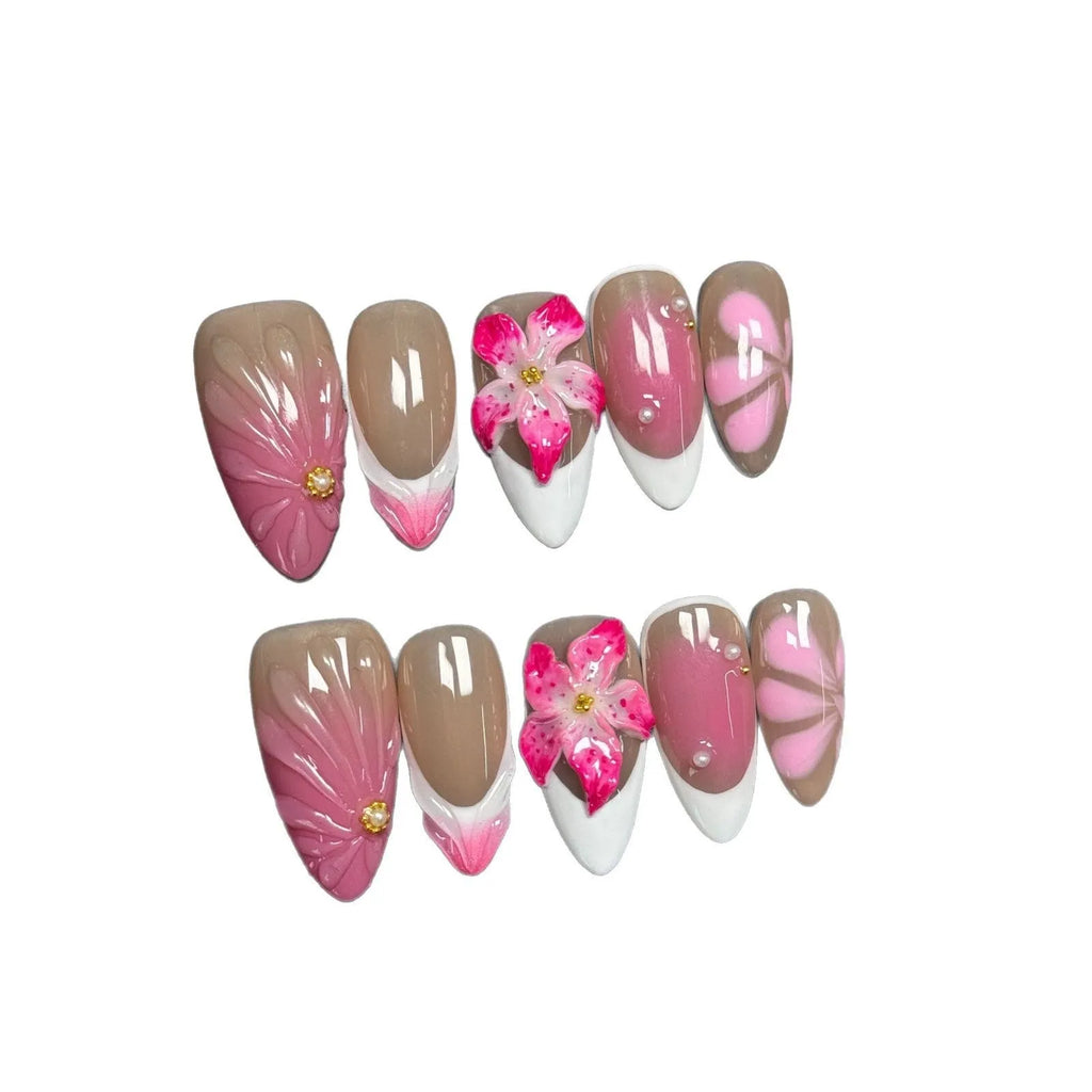 French style artificial nails with 3D Lily Fluid Ice Flower design in almond shape.