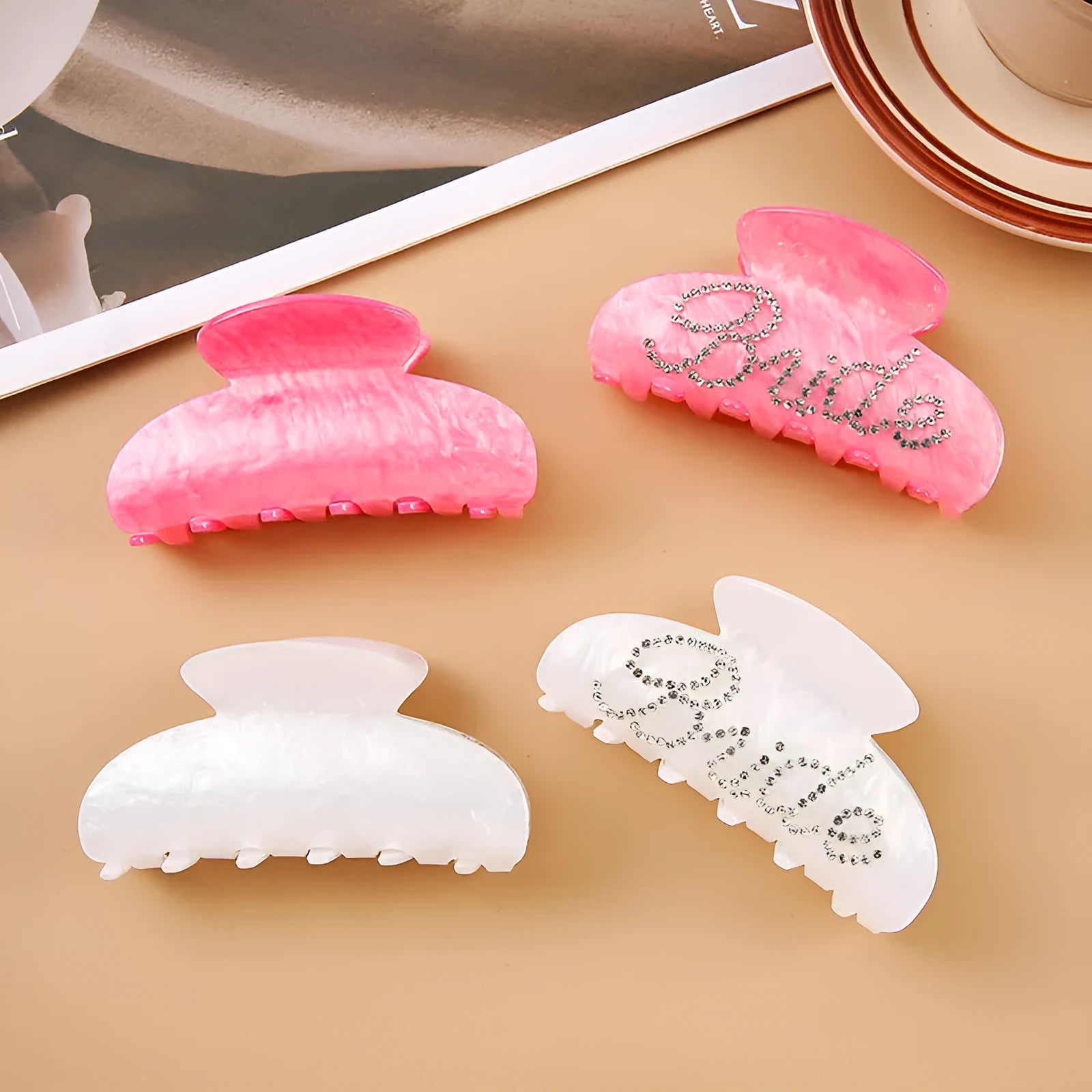 Pink and white acrylic hair clip with spot drill pattern and double-sided decoration