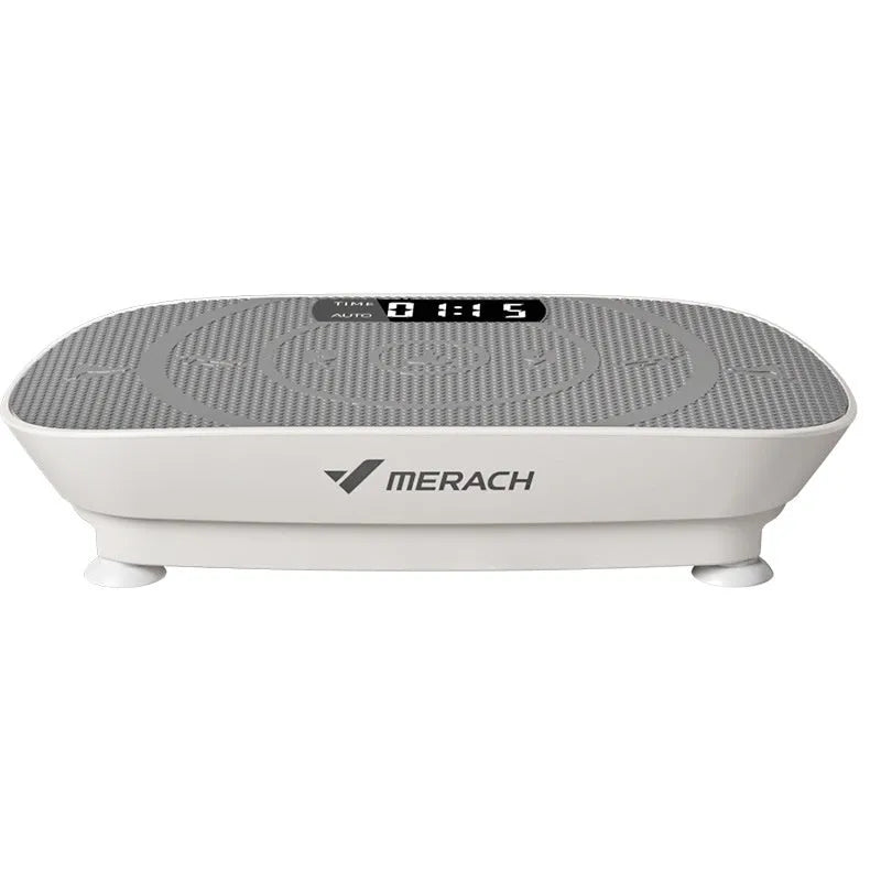 Grey portable smart power plate on floor, showing compact 58cm length and Bluetooth connectivity for home fitness.