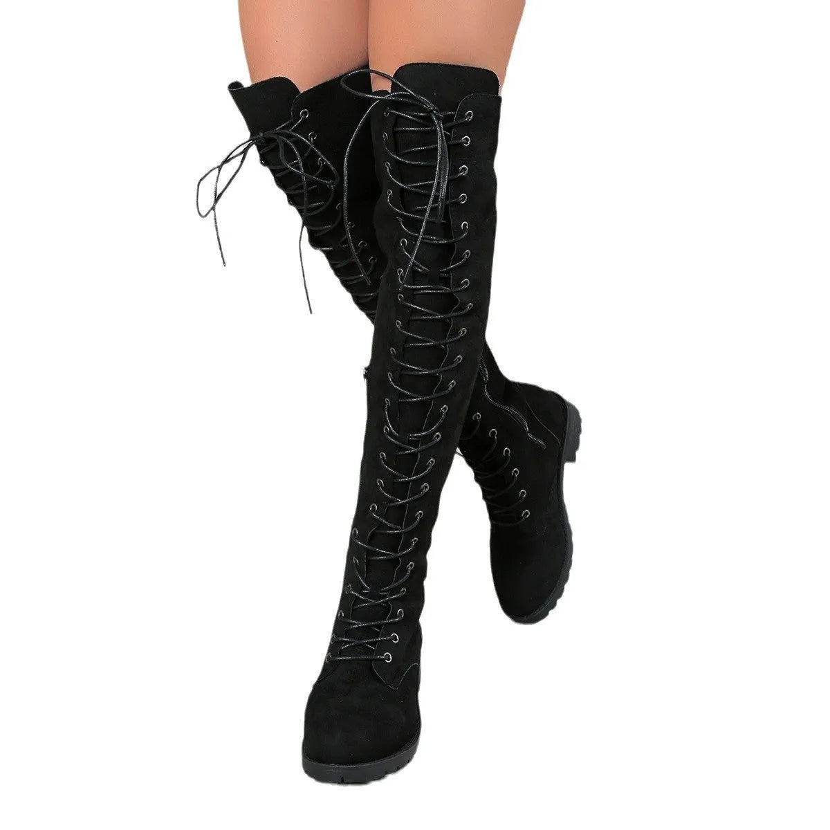 Black lace-up over-the-knee boots with round toe, flat rubber sole, and decorative stitching on the shaft.