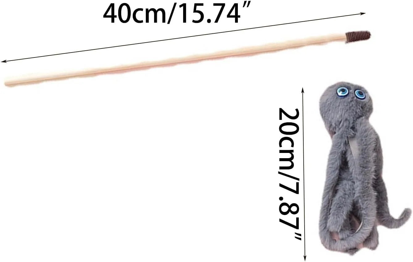 Octopus-themed furry cat toy with realistic eyes on 40cm flexible stick in pink colour