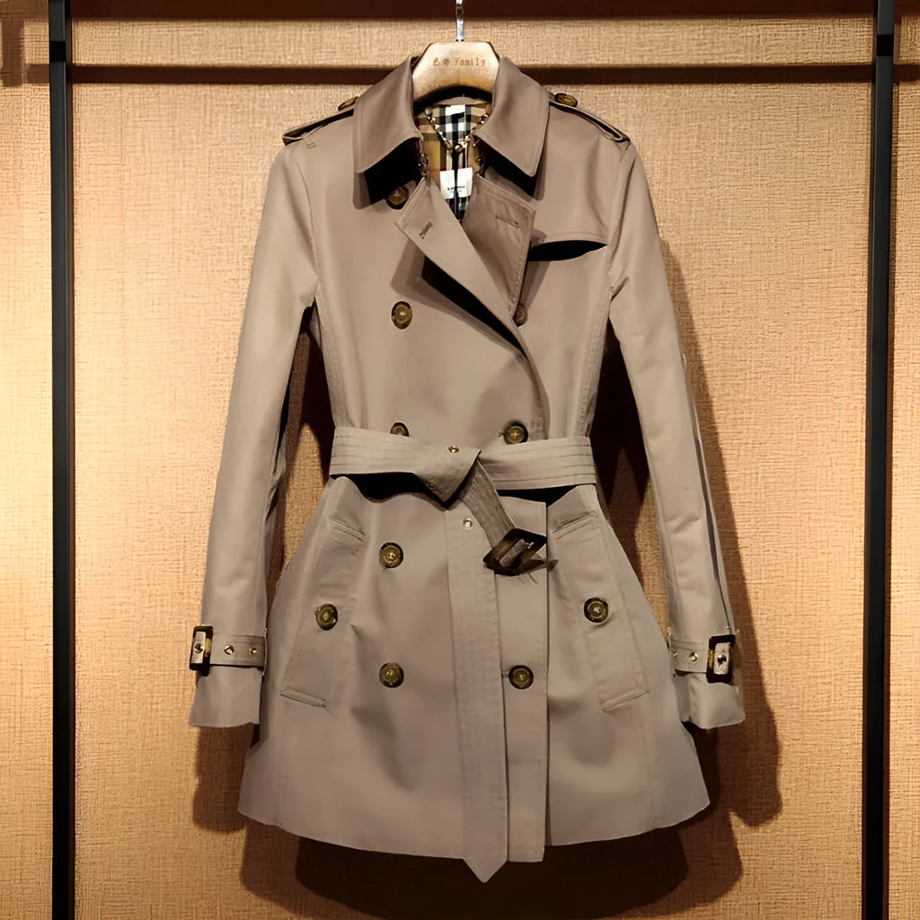 Khaki women's double breasted trench coat with flight sleeves and button detailing.