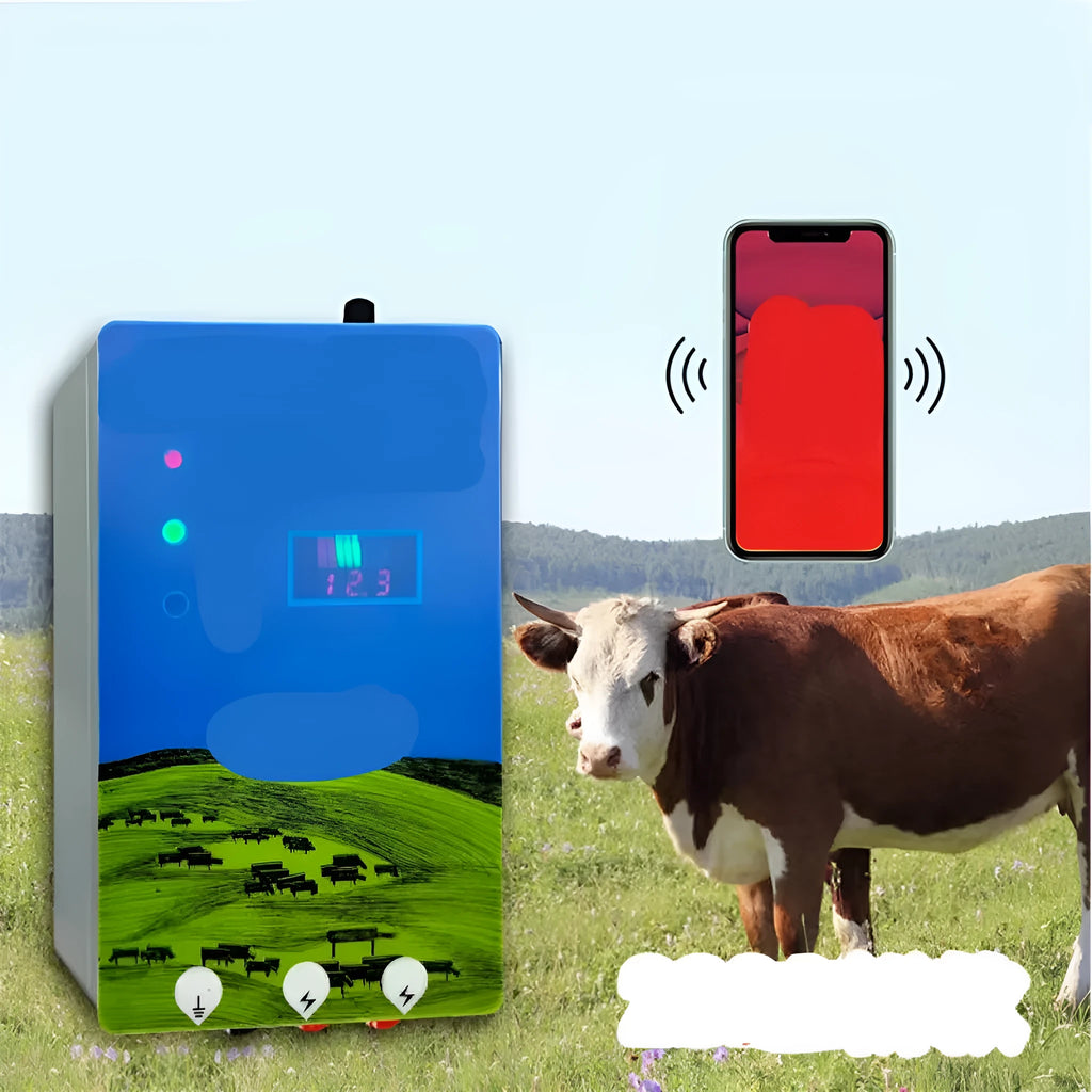 Pasture electric fence energiser controller unit with solar panel, charger, and testing ear clips