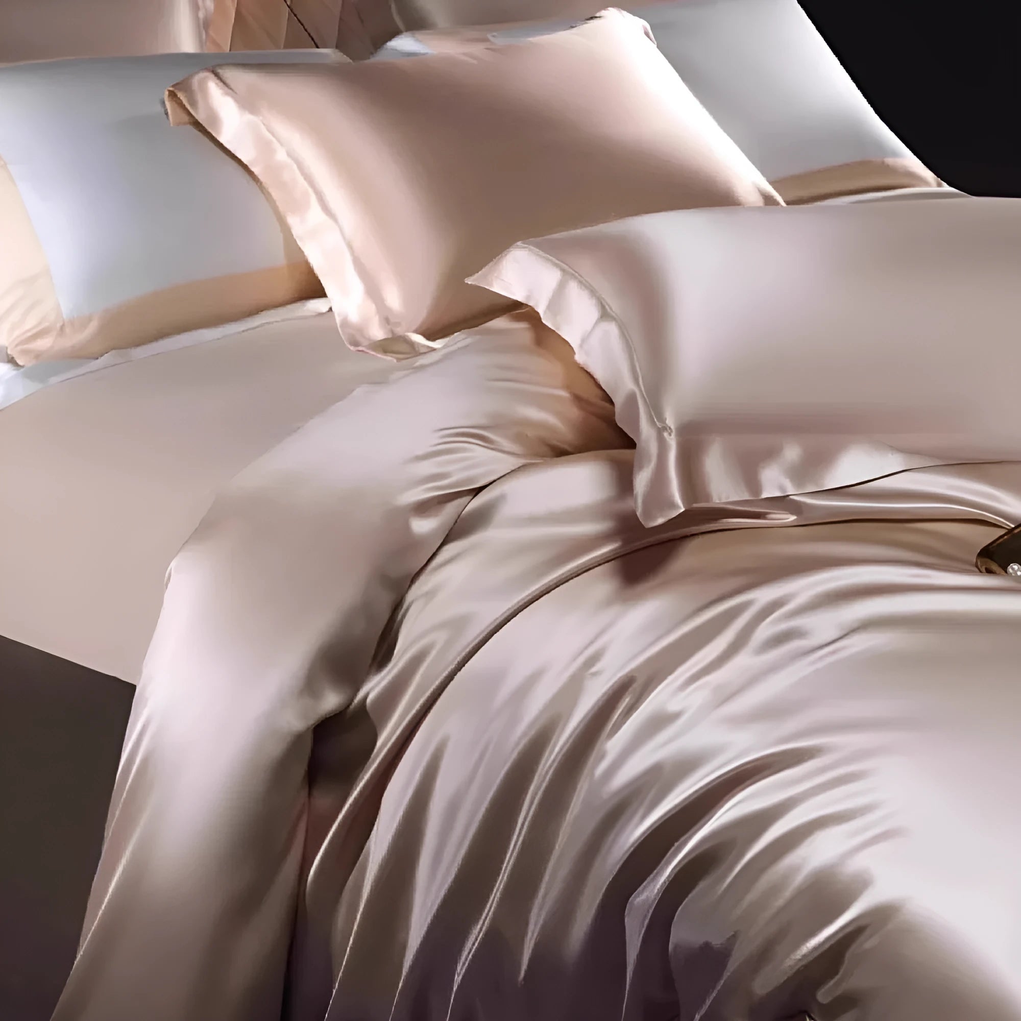 Solid colour silk four-piece quilt cover set shown in Champagne Gold on a bed