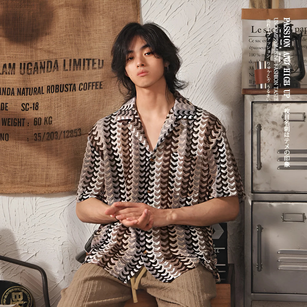Japanese style Cuban collar men's shirt with jacquard pattern in grey and red colours