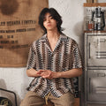 Japanese style Cuban collar men's shirt with jacquard pattern in grey and red colours