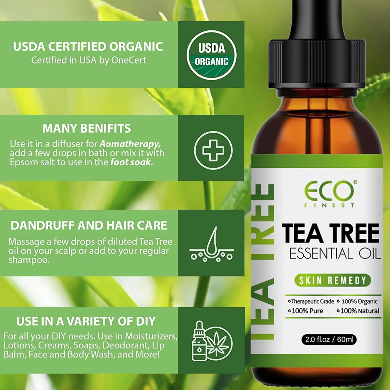 60ml tea tree essential oil bottle for acne treatment and massage