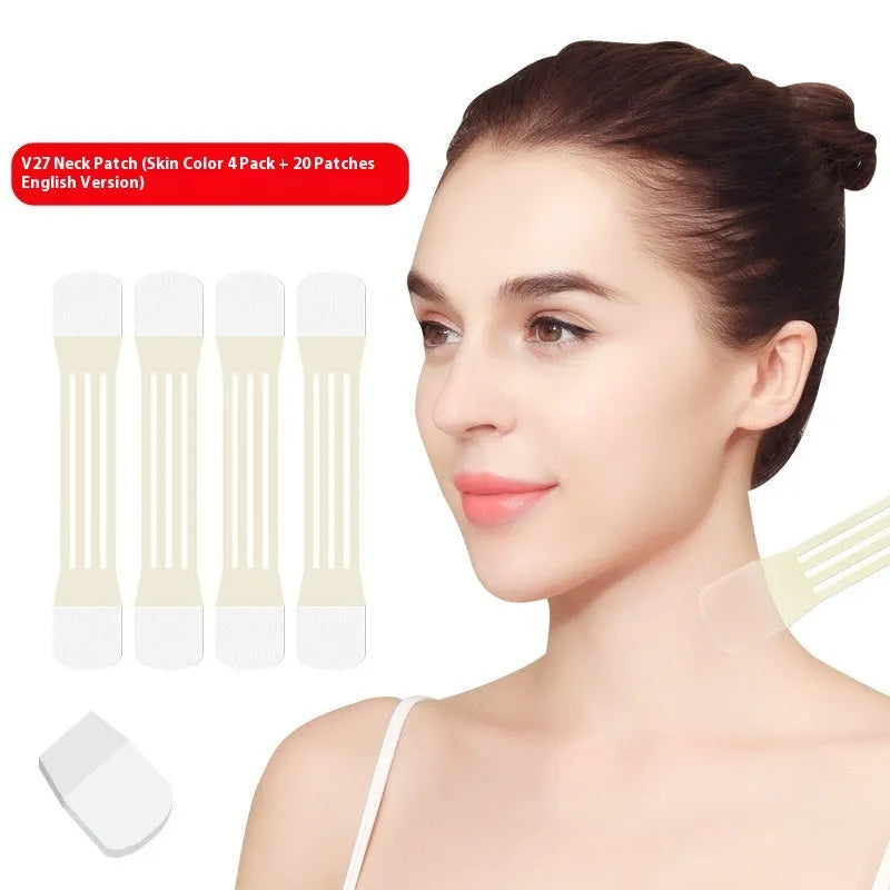 V27 neck pattern adhesive firming tape set in skin tone with four pieces and twenty patches.
