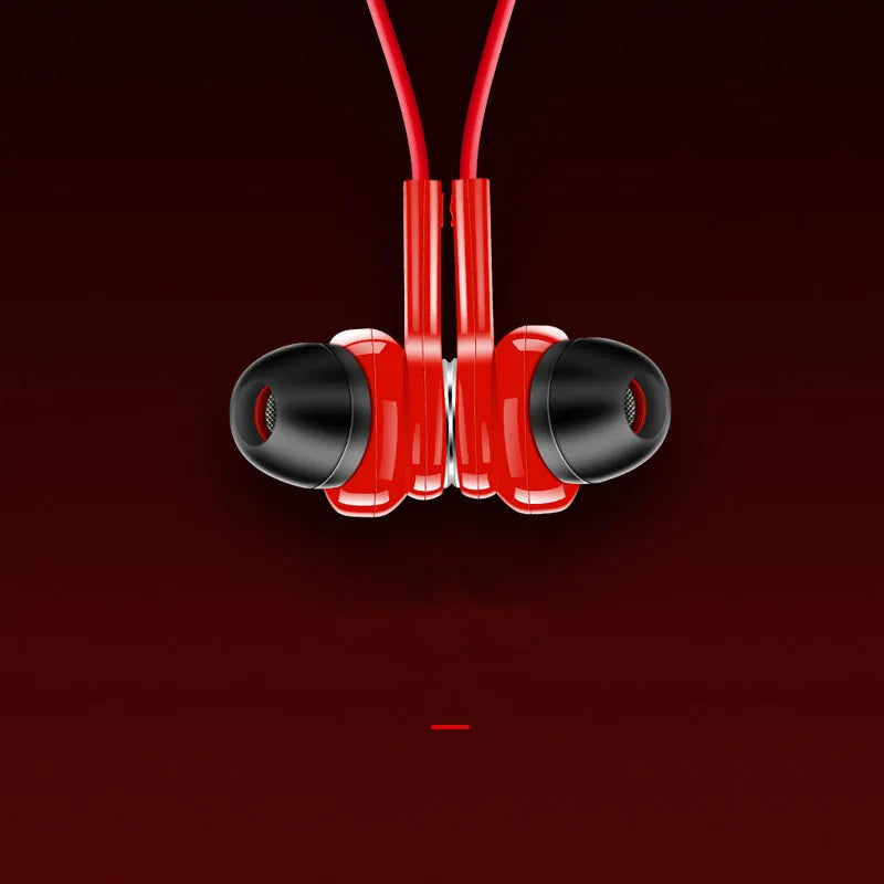 Neckband sports Bluetooth earphones in black, red, and white colour options showing wireless design