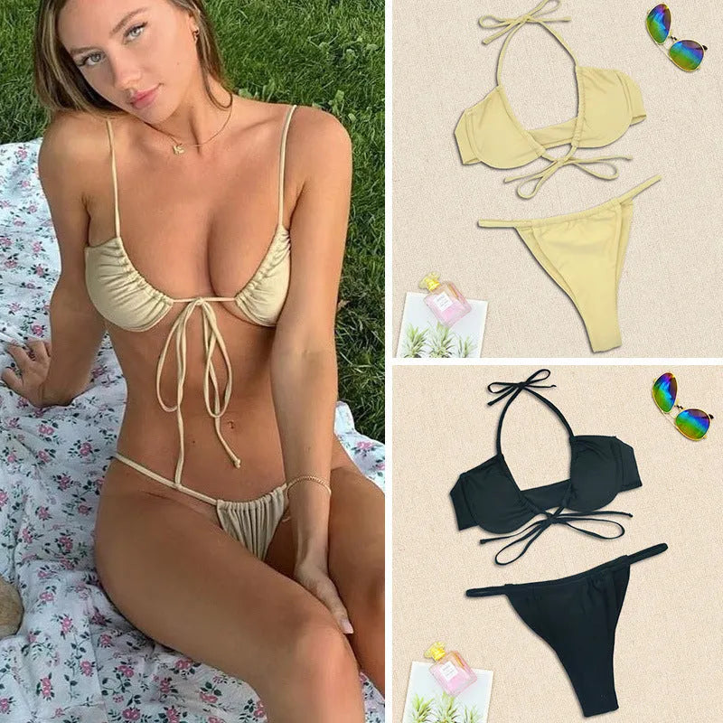 Women's two-piece nylon bikini swimsuit in black or mint green colours