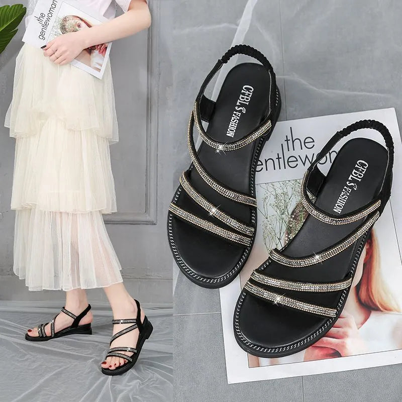 Women's Korean style casual sandals with rhinestone decoration and non-slip rubber sole