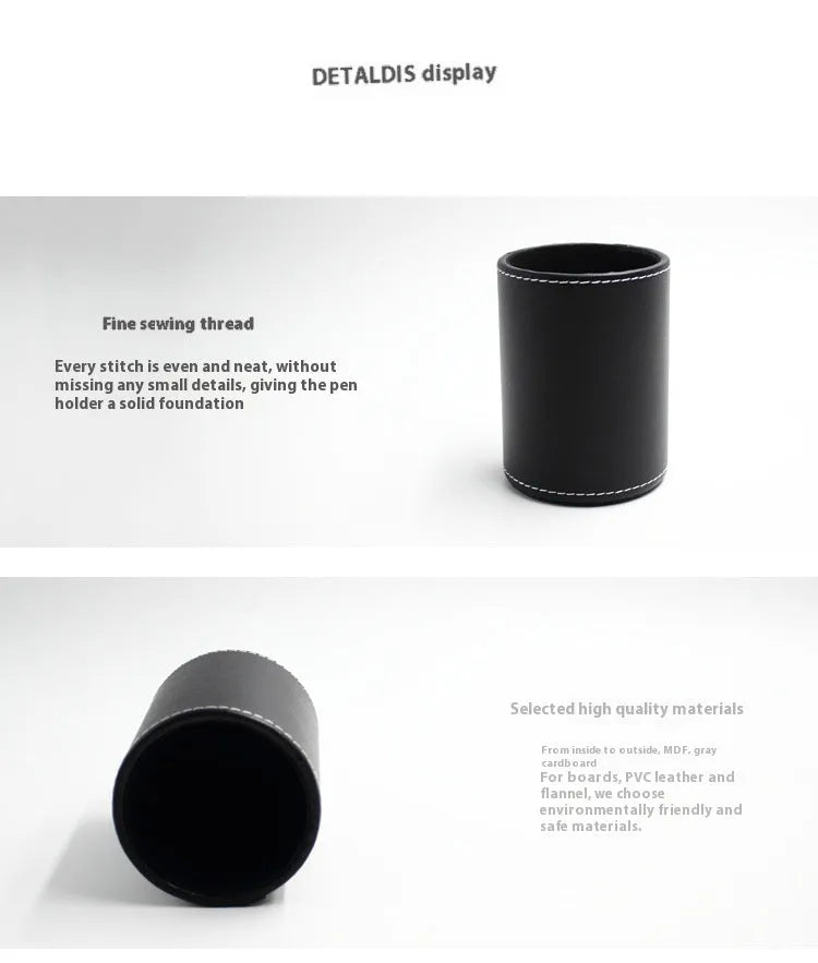 Round black leather pen holder container showing 8.0cm diameter and 10.8cm height dimensions