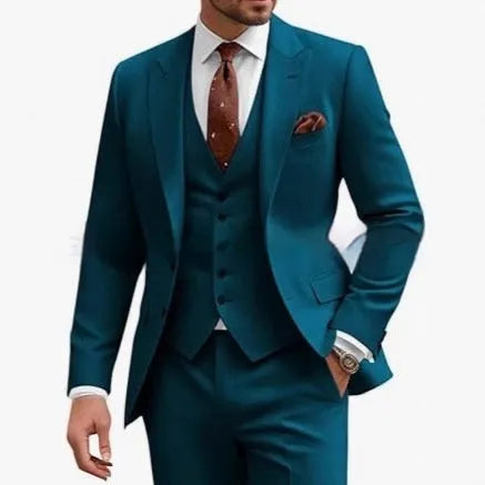 Men's slim fit three-piece suit in a chemical fibre blend, shown in a selection of available colours.