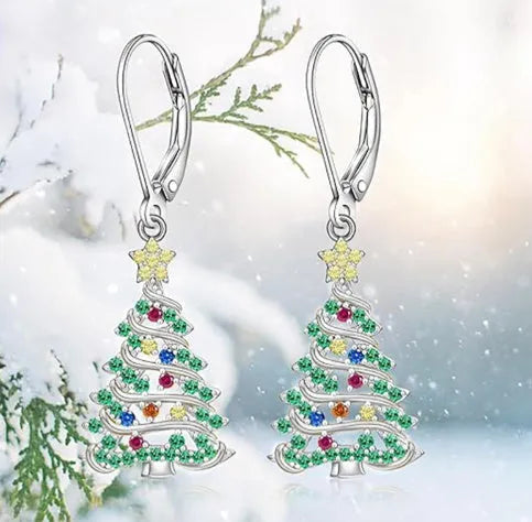 Women's Christmas tree pendant earrings in white gold colour with star detail and copper construction