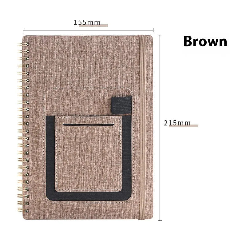 Erasable coil notebook with customisable cover options including black, blue, brown, red, sky blue and wood grain finishes
