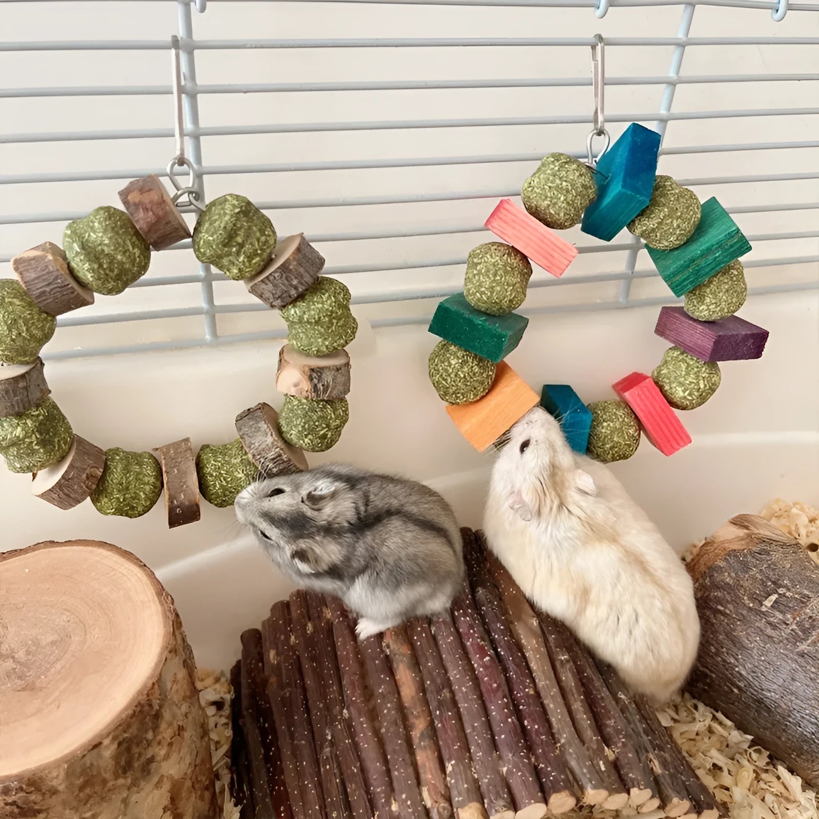 Hamster decorative toy with straw ball ring and applewood chewing rod for guinea pigs and rabbits