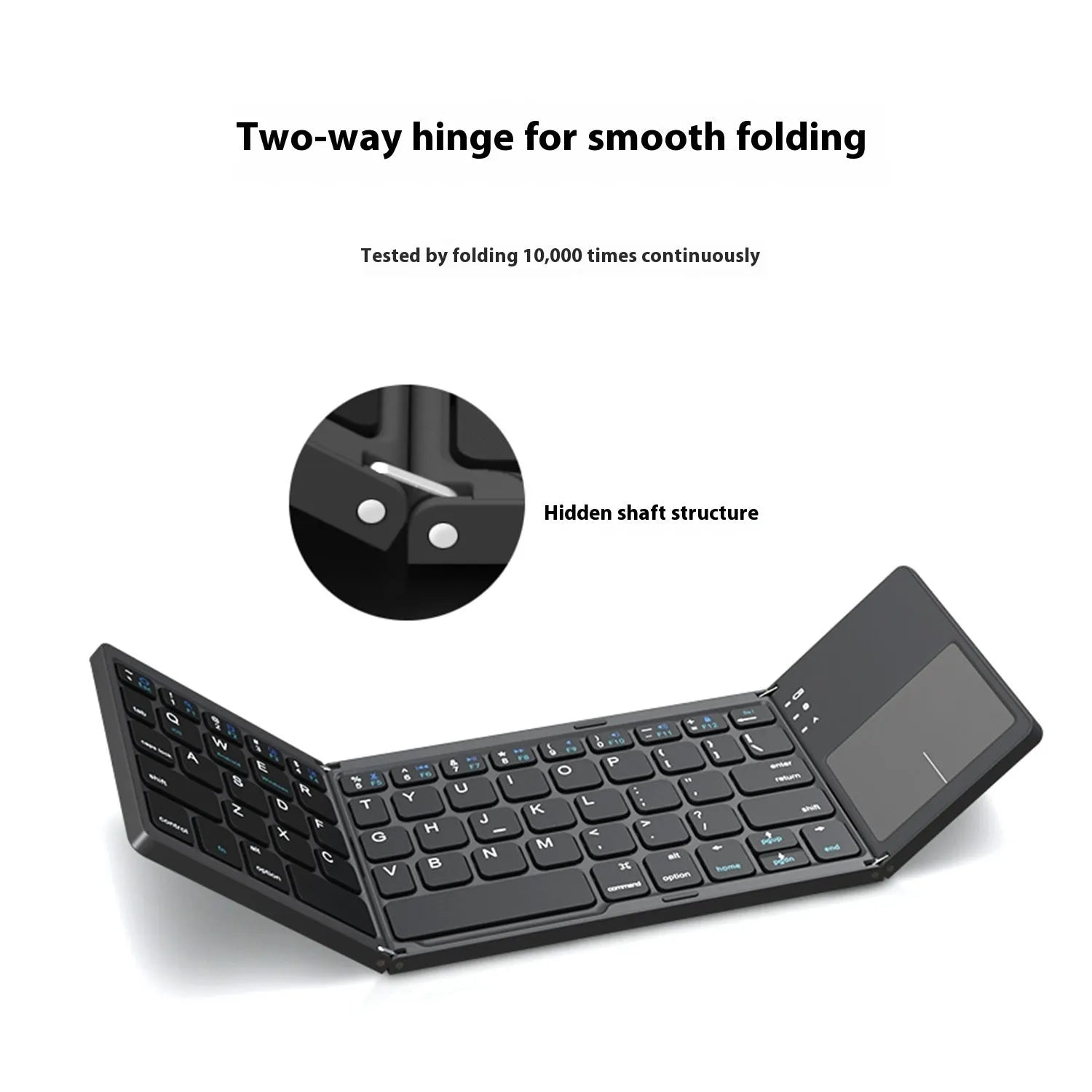 Black tri-fold portable Bluetooth keyboard shown open next to a smartphone, demonstrating its compact size.