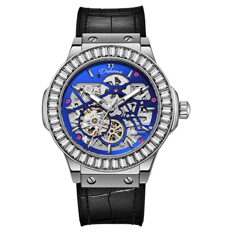 Automatic mechanical men's watch with diamond studded bezel showing hollow movement