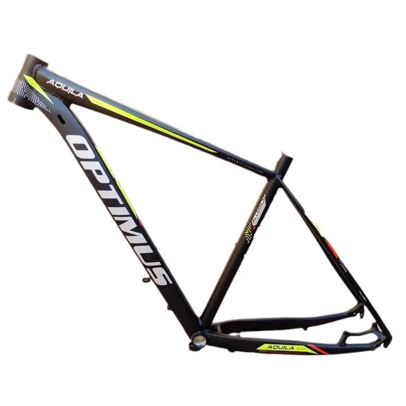 Black green aluminium 29-inch mountain bike frame showing disc brake mount and inner cable ports.