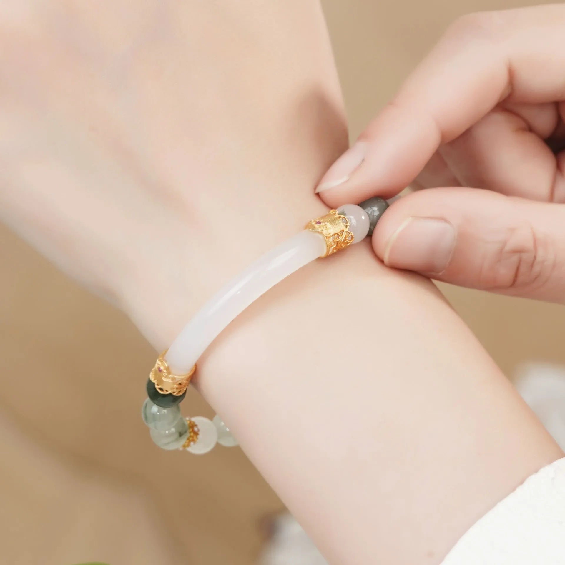Emerald green Tian Shan Cui jade half bracelet with floating flower girl design for women