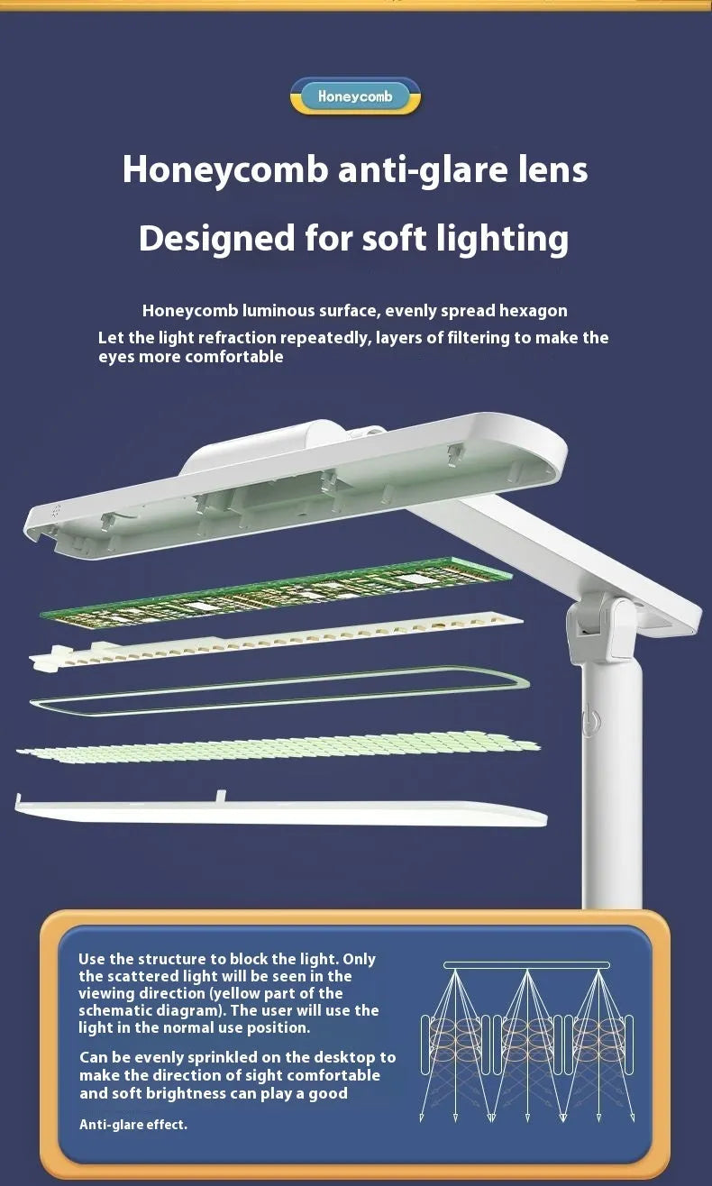 Adjustable multifunctional table lamp with a reading light on a bookshelf, showing dual power and colour temperature controls.