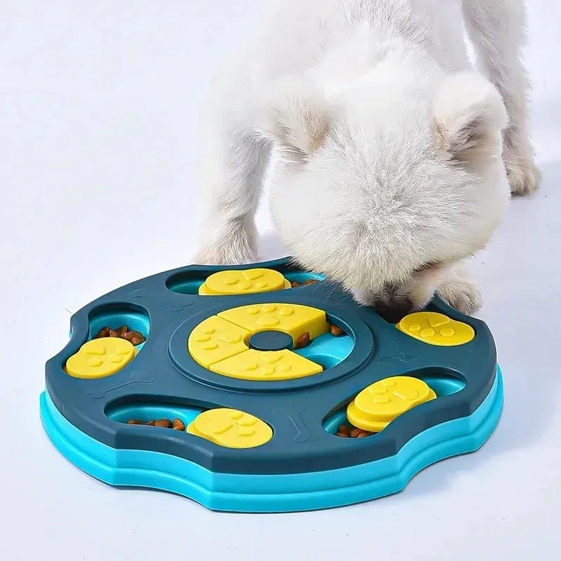 Blue and pink interactive dog puzzle food bowl for aggressive chewers with treat-dispensing games
