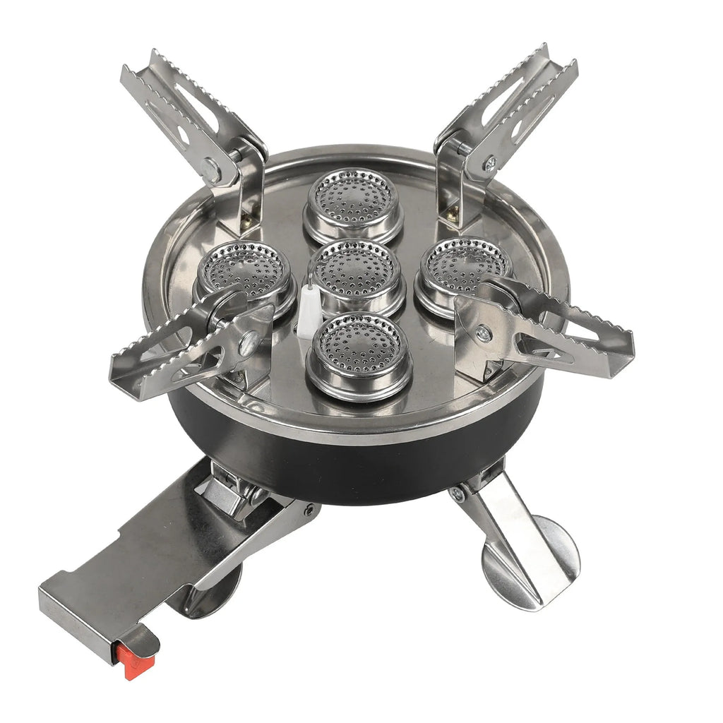 Silver stainless steel and copper portable split camping stove with foldable design and 100cm hose