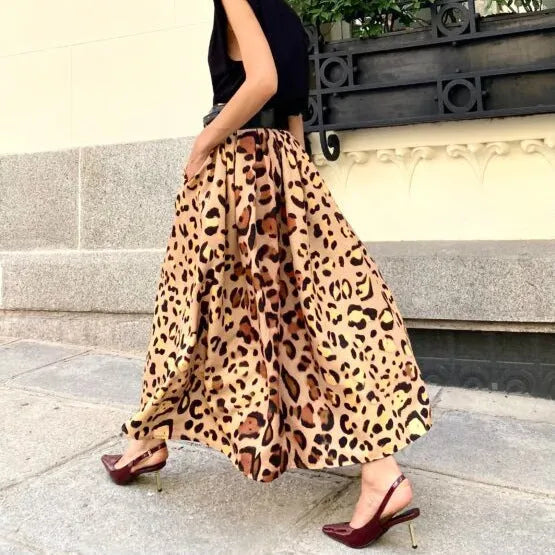 Brown leopard print women's A-line long skirt with big hem design on inelastic polyester fabric