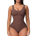 Seamless nylon bodysuit shapewear for women in apricot colour on a hanger.