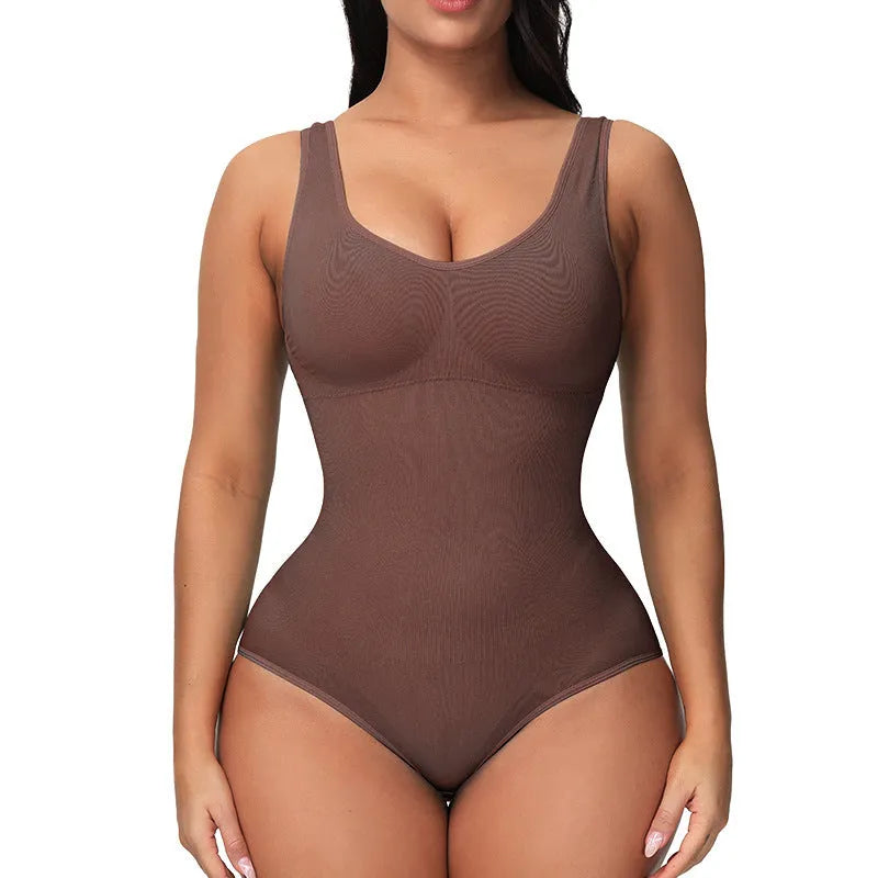 Seamless nylon bodysuit shapewear for women in apricot colour on a hanger.