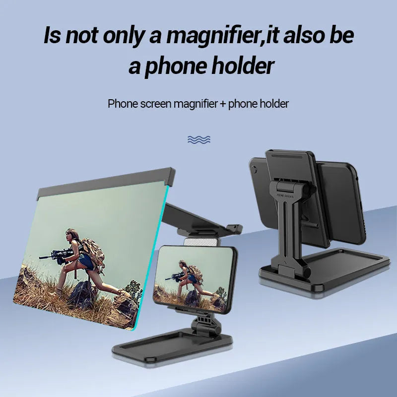 Black mobile phone screen amplifier with detachable phone holder on desktop surface