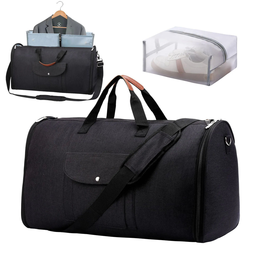 Folding dark blue oxford cloth duffel bag with handles, shown in travel setting.