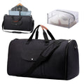 Folding dark blue oxford cloth duffel bag with handles, shown in travel setting.