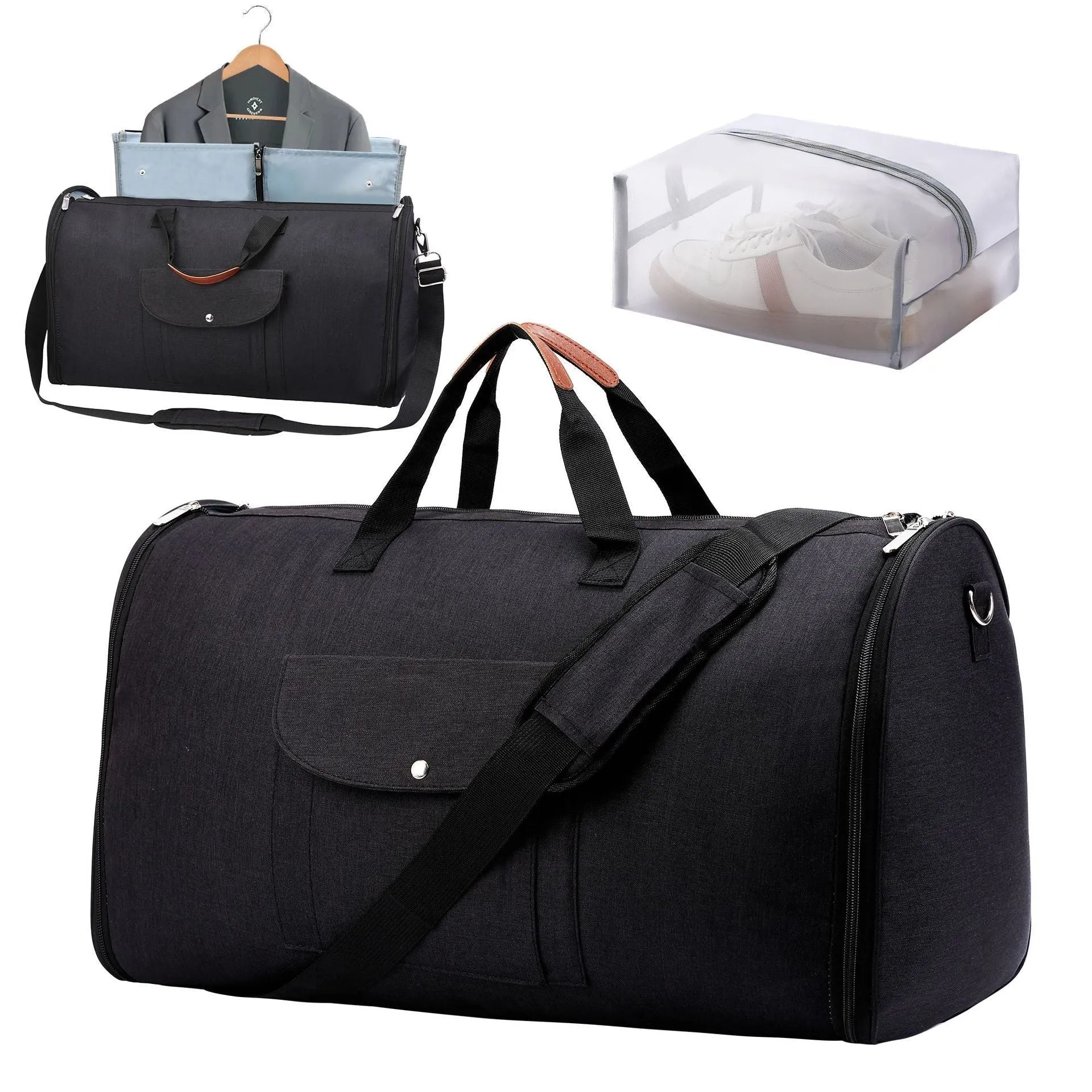 Folding dark blue oxford cloth duffel bag with handles, shown in travel setting.