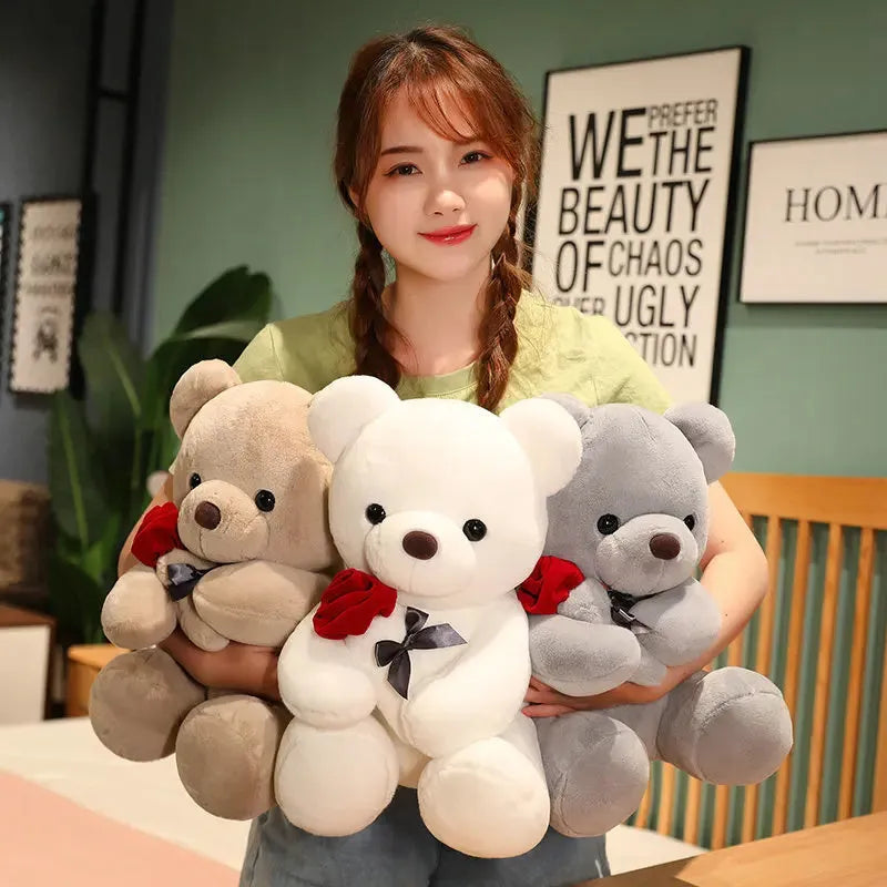 Rose teddy bear plush pillow stuffed animal doll in beige, brown or grey colours, shown in 23cm to 45cm sizes.