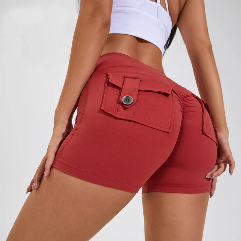 High-waist quick-dry sports shorts for women with side pockets in avocado green colour