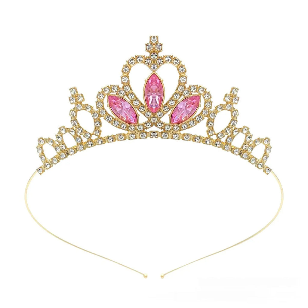 Gold alloy princess crown headdress with red diamond coloured stones for girls birthday party